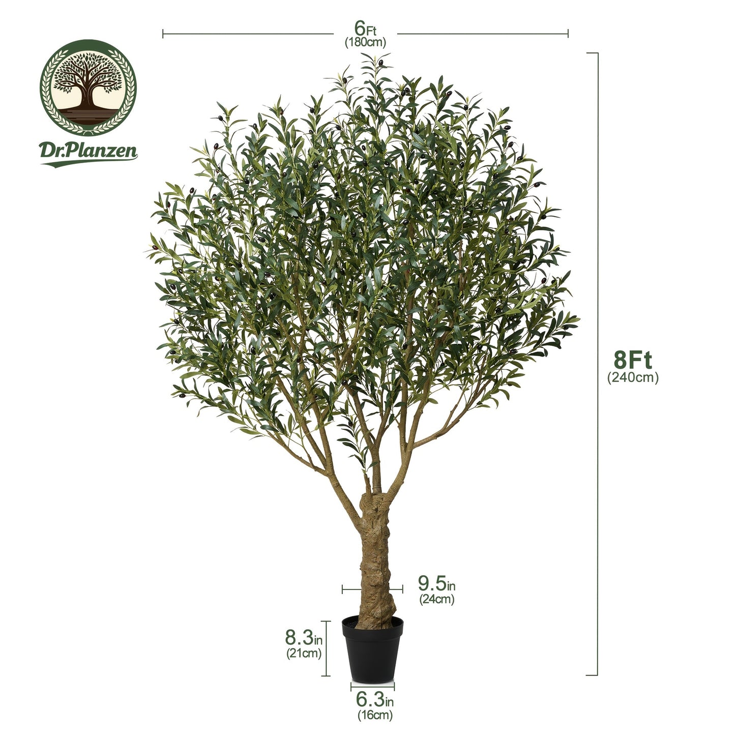 Potted Olive Artificial Tree with 5, 6, 7 and 8 ft Height Options, Black Planter and Branching Green Leaves