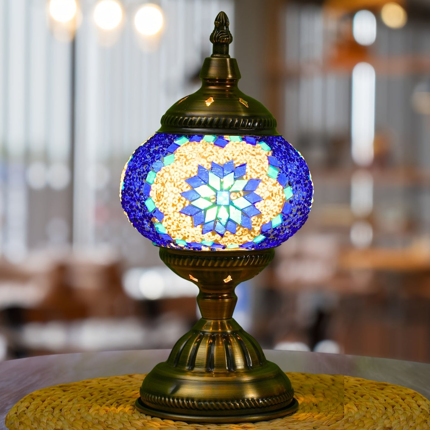 Table Lamp with Mosaic Glass Globe, Metal Base, Seven Color or Pack Options and Three White-Light Modes