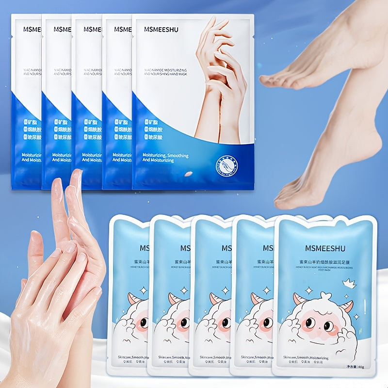 Moisturizing Foot Mask Socks with Goat Milk, Niacinamide & Ceramides — Exfoliating Cracked Heel Treatment, Hyaluronic Acid & Allantoin for Soft Smooth Feet, Hand & Foot Mask Set 10 Pairs