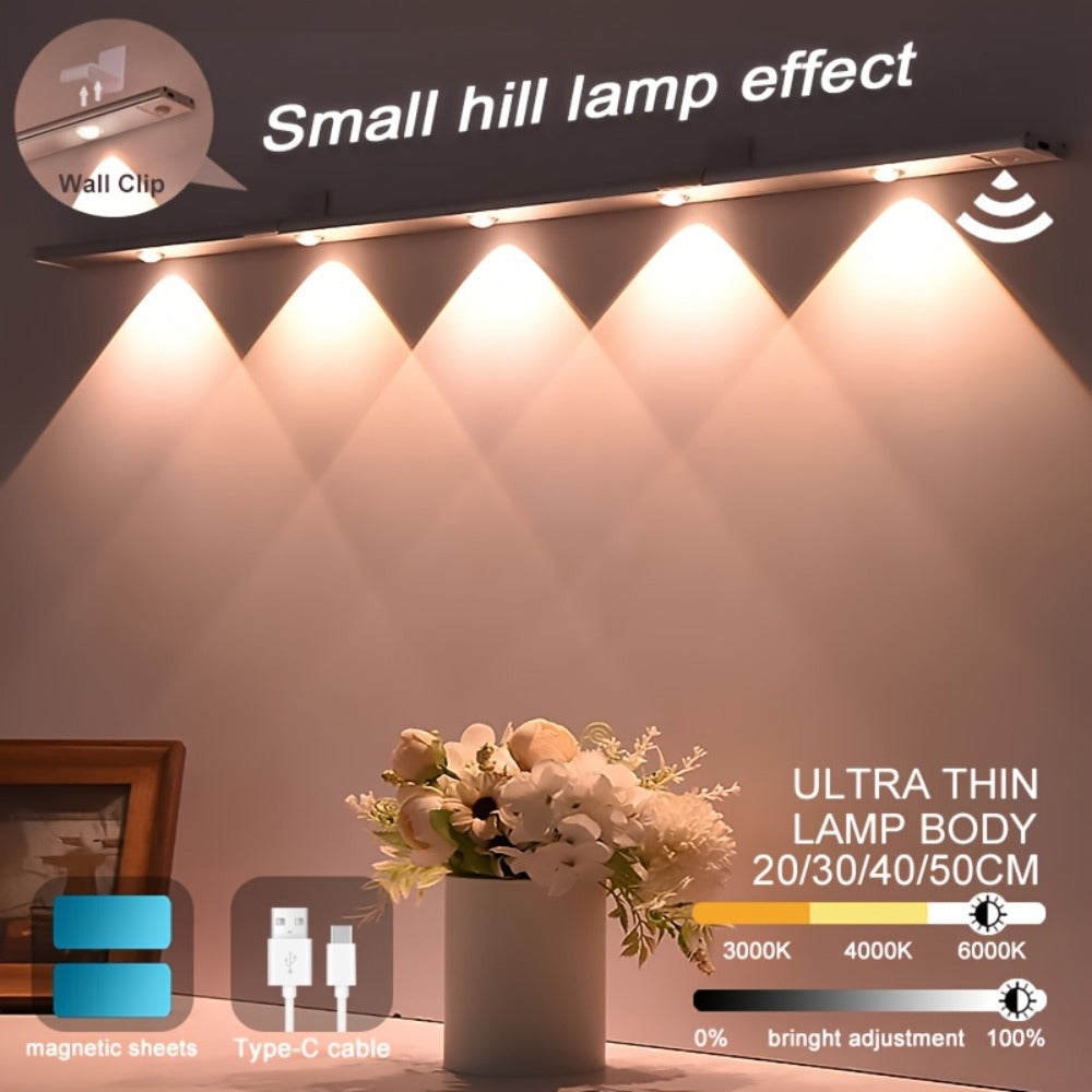 LED Strip Light Motion Sensor Bar with USB Rechargeable Power, Three White Tones, 20–50cm Sizes and One or Two Packs