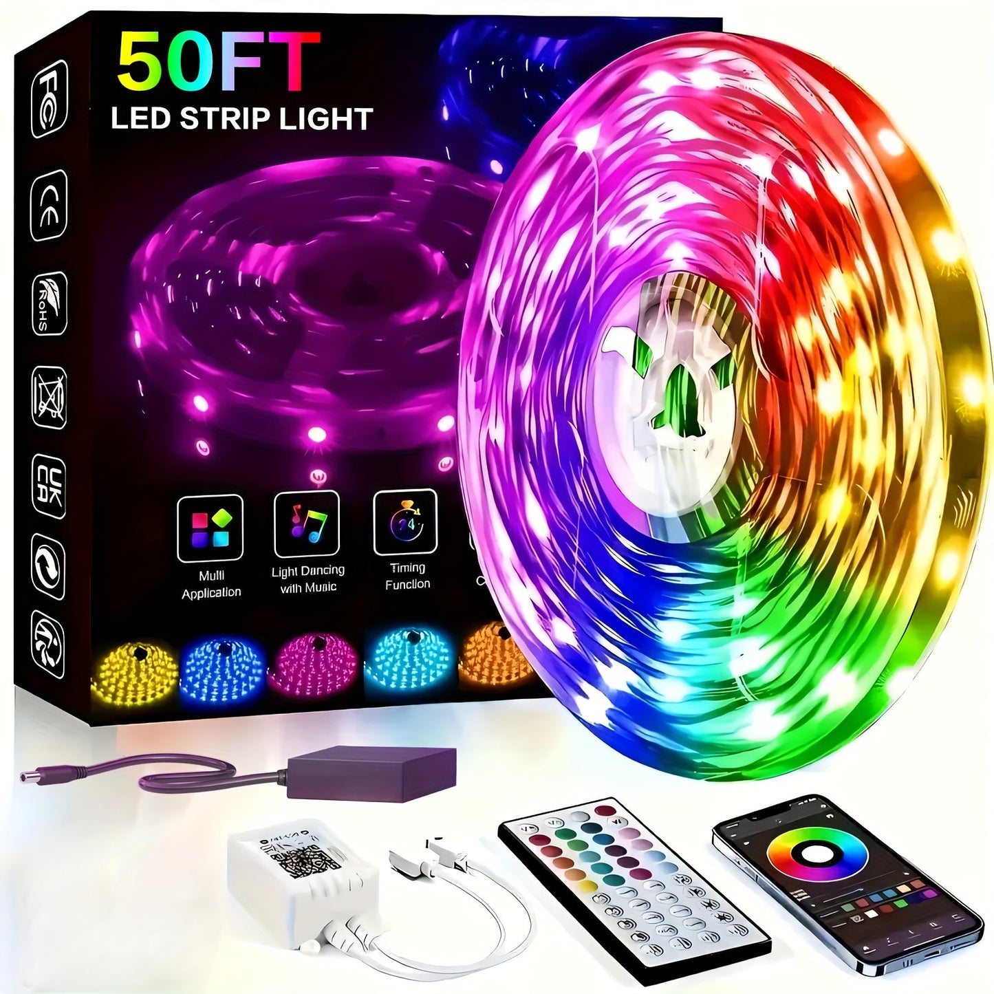 Color Changing LED Strip Lights with 44-Key Remote - RGB Dimmable DIY Light Strip 50FT 100FT 130FT 260FT for Bedroom Living Room Game Room Holiday Party Home Decoration