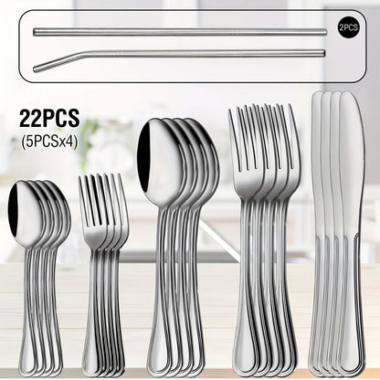 Stainless Steel Flatware Cutlery Set – Mirror Polished, Dishwasher Safe, Silver & Black Options, Service for 4 / 8 / 12 – Kitchen Utensil Set for Home, Restaurant & Wedding Gift