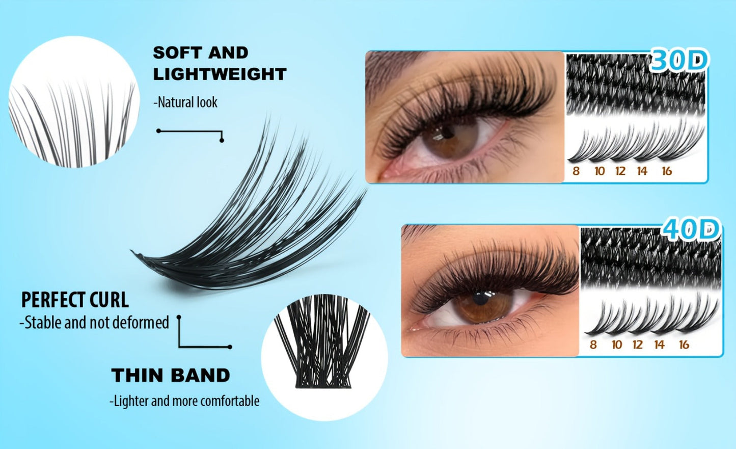 800-Piece 30D and 40D Lash Cluster Kit with Mixed 8–16mm Lengths, Bond-Seal Tube and Tweezers