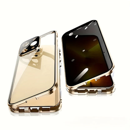 Phone Case Privacy Tempered Glass Cover with Aluminum Frame, Magnetic Snap Lock and Wireless Charging Support