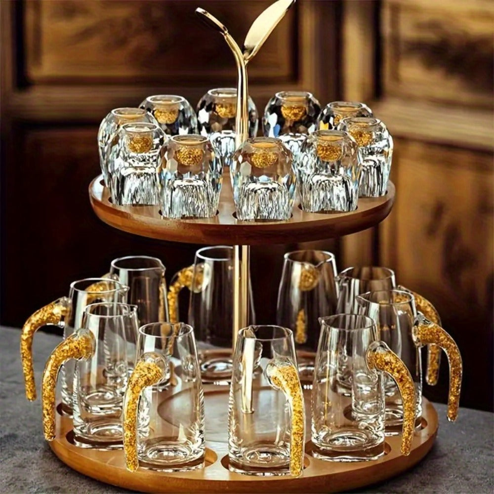 24K Gold Plated Crystal Wine Set – 1 Decanter & 6 Cups with Leakproof Crystal Glasses – Elegant Black Gift Box – Luxury Home Bar, Wedding & Party Gift for Wine Lovers