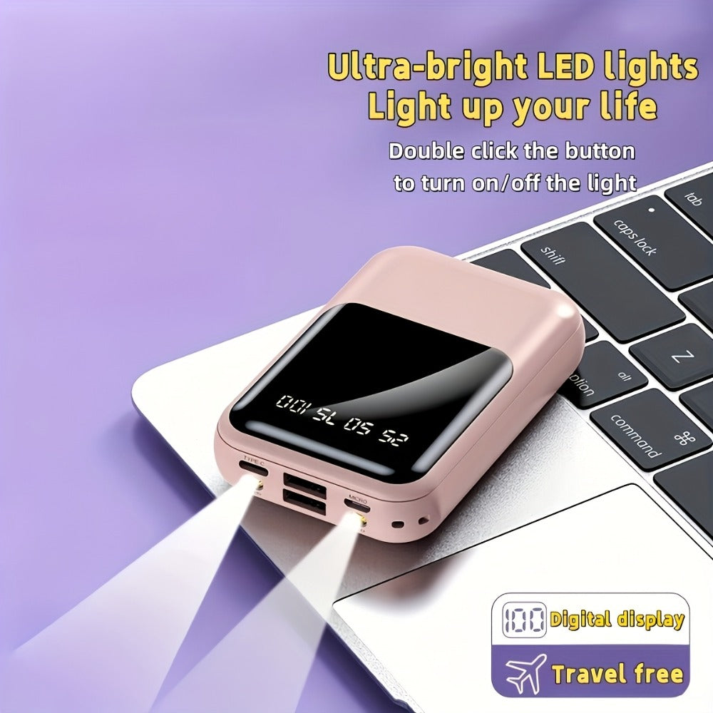 Power Bank 10000mAh Mini with Built-In Cable Set, 5W/15W/22.5W Options, Display and LED Light
