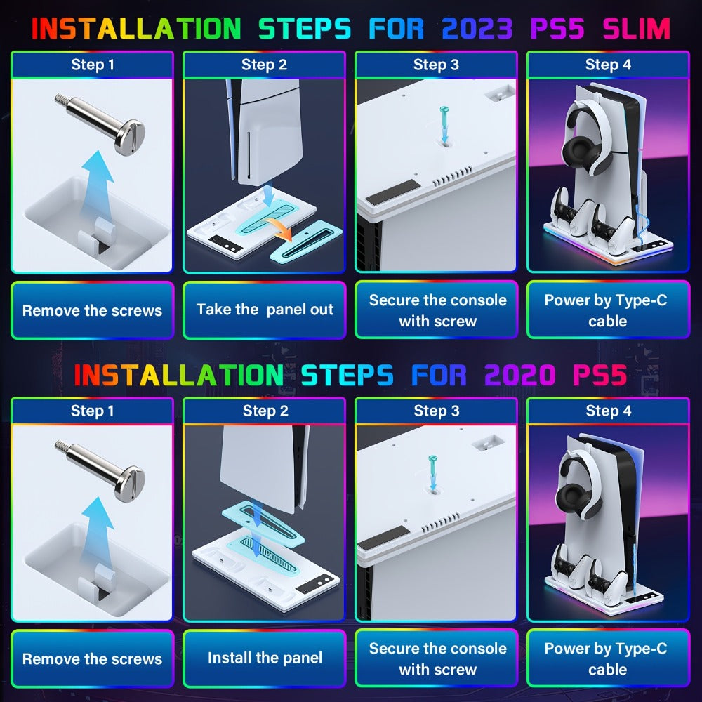 10 RGB Lights PS5 Cooling Stand with 3-Level Fan, Dual Controller Charging Station, USB Hub & Type-C Port – Compatible with PS5 / PS5 Slim / PS5 Pro Standard & Disc/Digital Edition