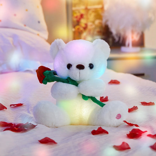 Rose Bear Plush with LED Light Glowing White Bear with Flowers Romantic Stuffed Animal Gift for Her Women Girls Girlfriend Mom Valentine's Day Mother's Day Birthday Anniversary