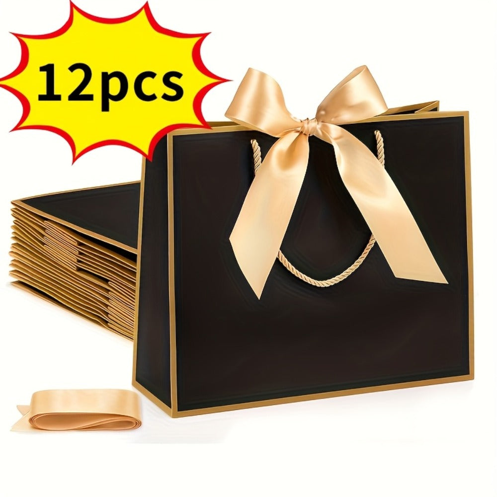 Gift Bag Set Pull-Handle Ribbon Design, 12, 24 or 36 Bags in Five Colorways with 11.8 x 10 x 4 Inch Format