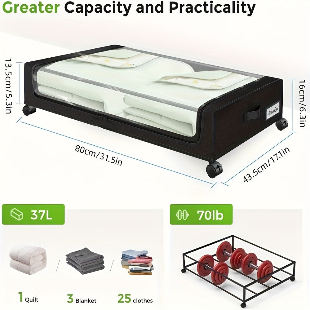 Rolling Fabric Under-Bed Storage Bins with Clear Zip Covers, Label Windows and Black or Gray Sets