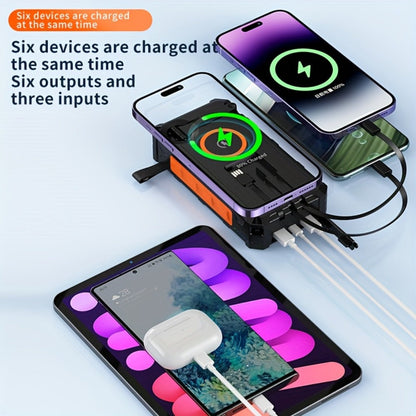 Solar Power Bank, 30000mAh Hand-Crank and Solar Charger with Wireless Pad, Three Built-In Cables and Seven Outputs
