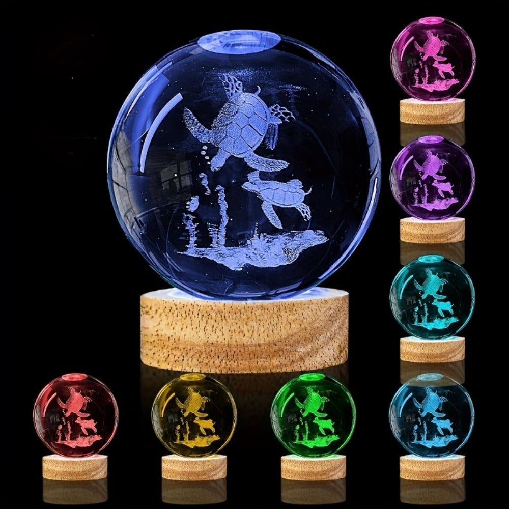 Night Light 2.36-Inch Sea Turtle Crystal Orb Lamp with Color-Changing LED and Wood-Tone Round Base