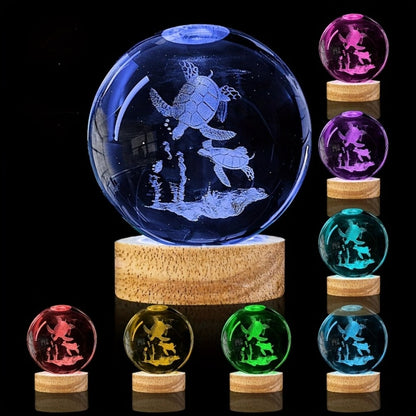 Night Light 2.36-Inch Sea Turtle Crystal Orb Lamp with Color-Changing LED and Wood-Tone Round Base