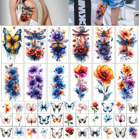 Watercolor Flower Temporary Tattoos for Women 45 Sheets, 12 Large & 33 Small Realistic Floral Fake Tattoo Stickers for Half Arm Sleeve Wrist Shoulder Body Art, Long Lasting Party Supplies Favors Bachelorette Gift
