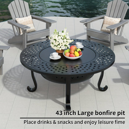 Fire Pit 43 Inch with 2 Cooking Grills & Lid Outdoor Wood Burning Firepit Round Metal Table for Backyard Patio Garden Camping Bonfire