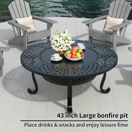 43-Inch Round Fire Pit Table with Two Cooking Grates, Center Lid, Perforated Bowl and Long Poker