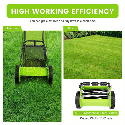 Manual Reel Lawn Mower 5-Blade Push Mower 11.8-Inch Cutting Width Adjustable Height 0.47"-1.77" with 6-Gallon Grass Catcher & Durable Steel Wheels for Residential Lawn