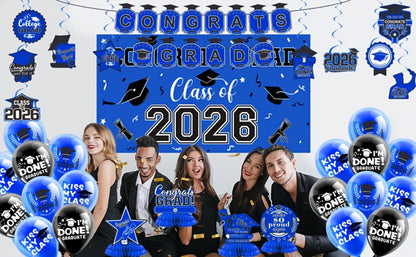 Party Decorations Class of 2026 Graduation Set with Backdrop, Banner, Swirls and Table Pieces in Five Colors