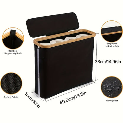 Enclosed Freestanding Toilet Paper Storage Bin with Fabric Sides, Bamboo-Look Rim and Fitted Lid in White