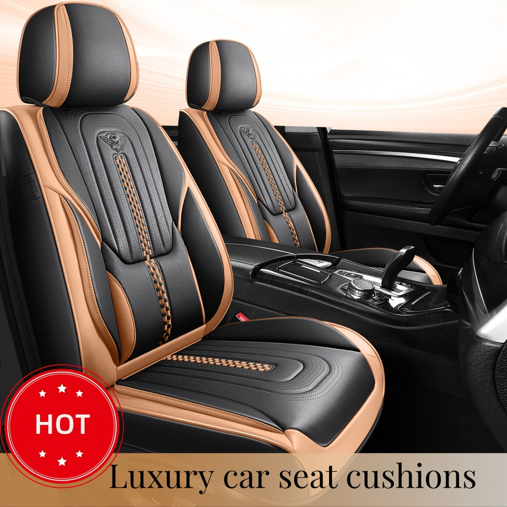 PU Leather Car Seat Cover Full Enclosure with Lumbar Support & Sponge Cushion – Two-Tone Sporty Design Universal Fit for Car Sedan Truck SUV (White-Black / Gray / Red-Black / Orange-Black)
