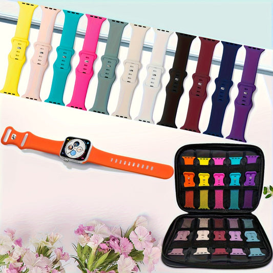 Watch Band 15-Pack with Multicolor Silicone Pin-and-Tuck Straps and Storage Case for Apple Watch Sizes