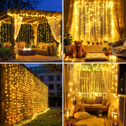 Solar Curtain String Lights, 3 x 3 Meters with 300 LEDs, Remote Control and One- or Two-Pack Options