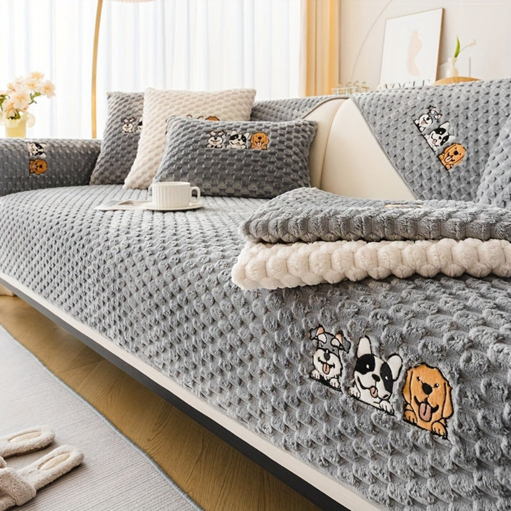 Sofa Cover, Honeycomb Velvet Animal-Embroidered Couch Pad with Non-Slip Backing in Three Colors