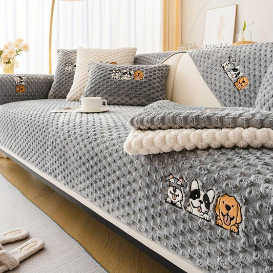 Sofa Cover, Honeycomb Velvet Animal-Embroidered Couch Pad with Non-Slip Backing in Three Colors