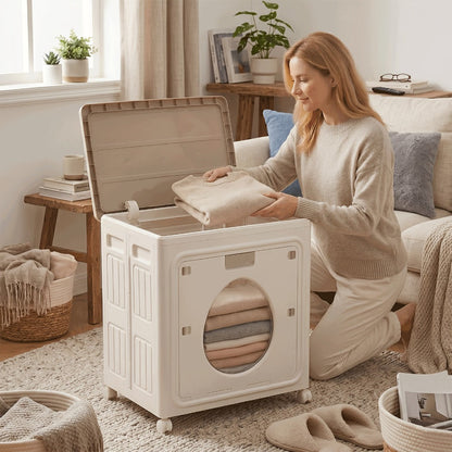 37-Gallon Foldable Storage Box with Rolling Casters, Top Access and Round Front Window in White or Red