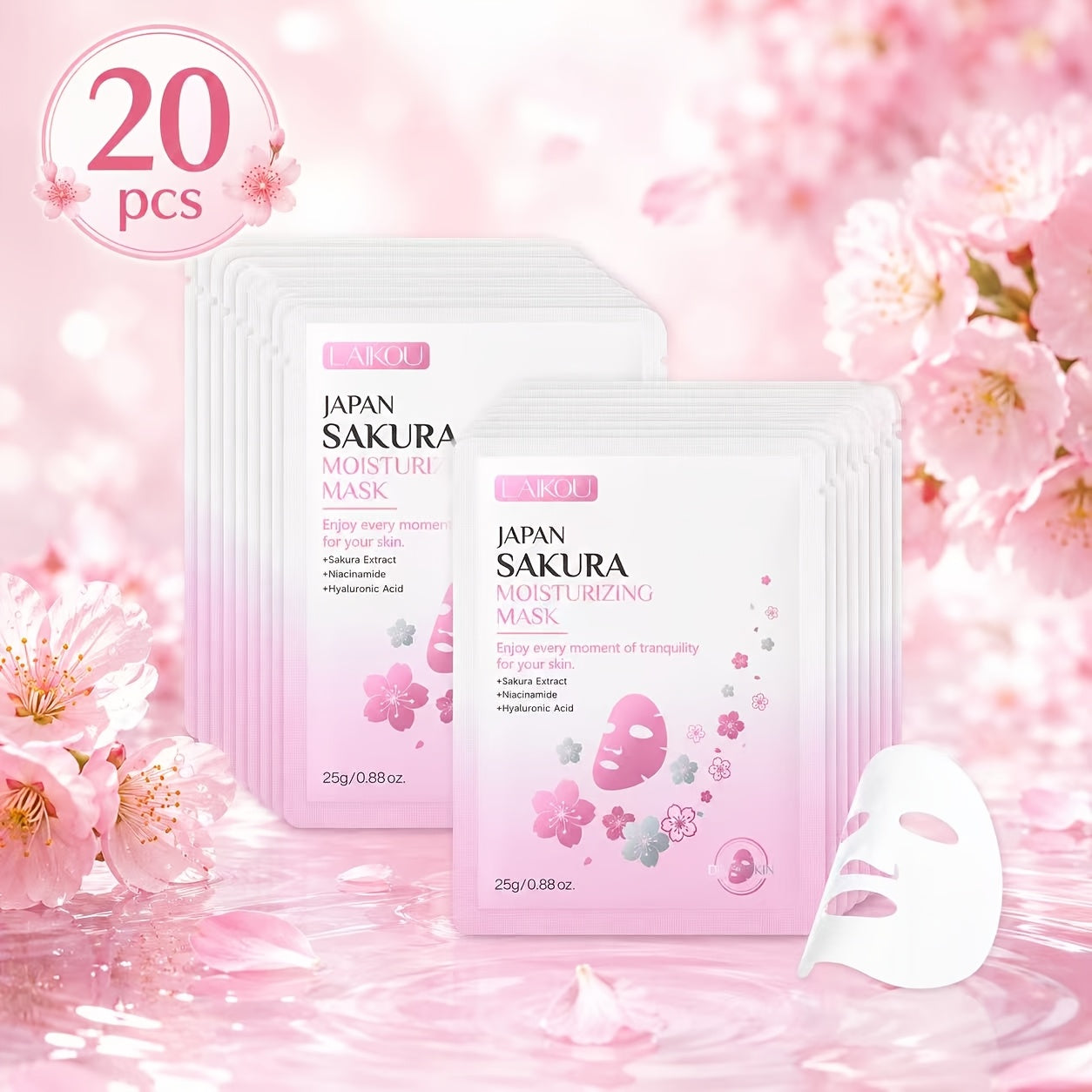 LAIKOU Sakura Sheet Mask 20-Pack with 25g Pouches, Sakura Extract and Rice Ferment Filtrate Labels