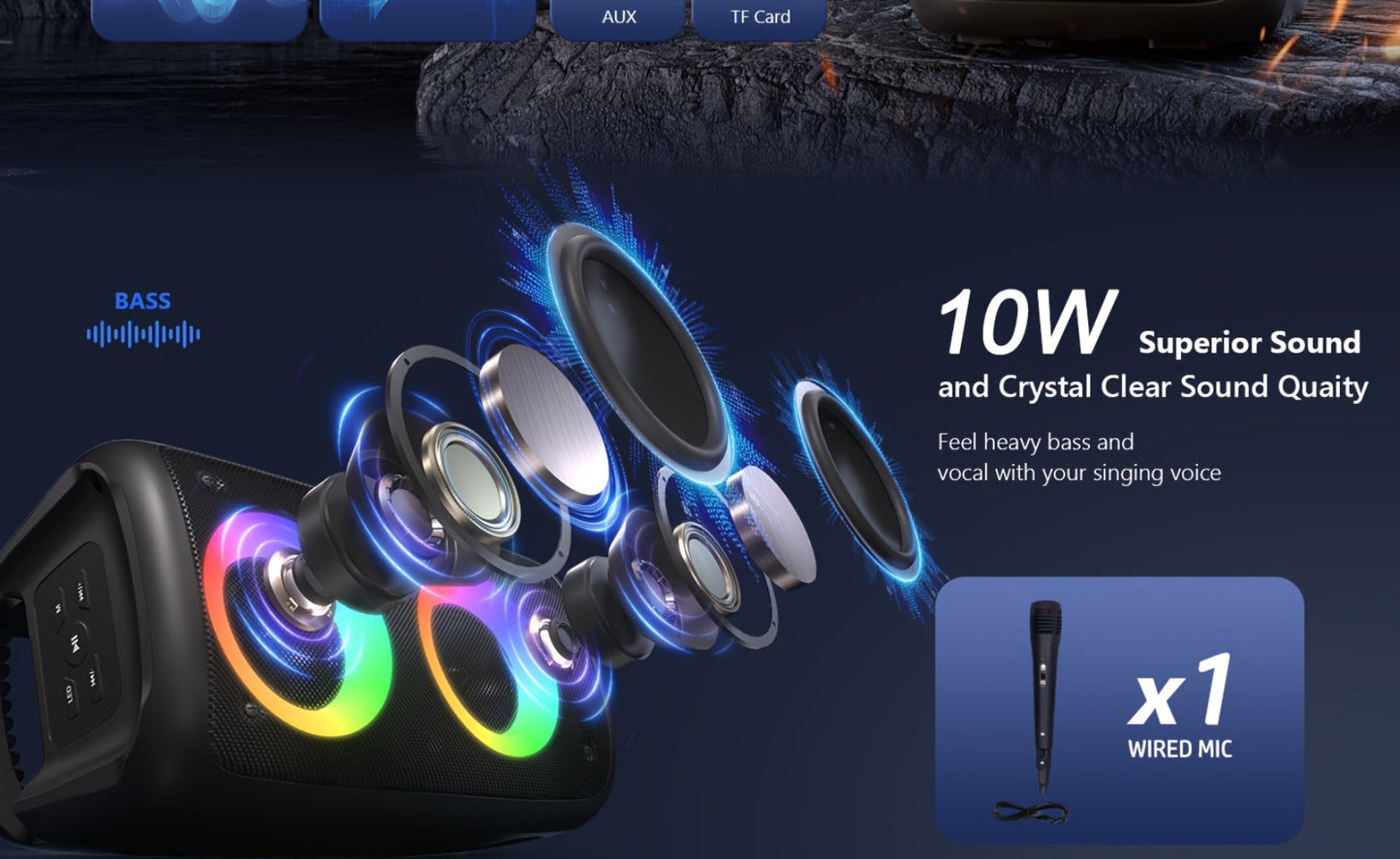 Karaoke Party Speaker with Disco Lights & Microphone Kinglucky, Portable Bluetooth Subwoofer Speaker for Outdoor Events Family Singing, TWS Stereo Pairing, TF/AUX/USB, Wireless Speaker for Parties Backyard Celebrations