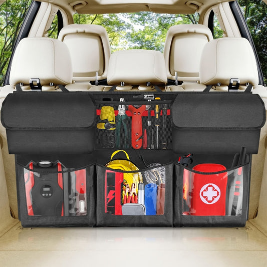 Suspended Car Trunk Organizer – Foldable Rear Seat Cargo Storage Bag with 6 Large Pockets & 3 Adjustable Straps, 40x19 Inch Trunk Organizer for Car