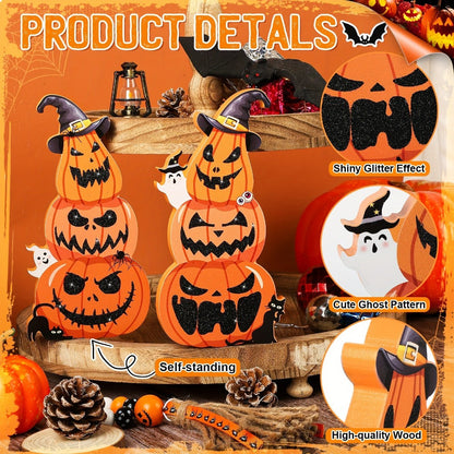 Two-Piece Halloween Pumpkin Stack Tabletop Decoration Set with Witch Hats, Ghost Accents and Glitter-Look Finish