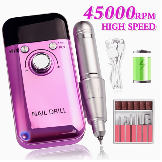 Electric Nail Drill 45000 RPM Rechargeable Kit with Bits, Sanding Bands and Three Model Color Options
