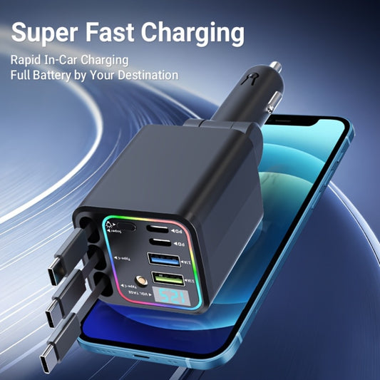 Car Charger 7-in-1 Fast Charging Hub – 3 Retractable Cables, 180° Adjustable, LED Display, USB Multi-Port for iPhone Android