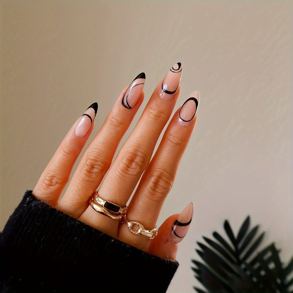 Press On Nails 144-Piece Short Almond Set with Pink Flowers, Rhinestones, Black French Tips and Glue
