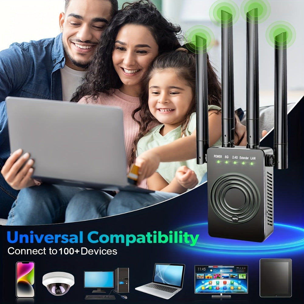 WiFi Range Extender 1200Mbps Dual-Band 2.4/5.8GHz with Four Antennas, WPS Control and Ethernet Port in Black