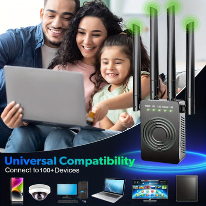 WiFi Range Extender 1200Mbps Dual-Band 2.4/5.8GHz with Four Antennas, WPS Control and Ethernet Port in Black
