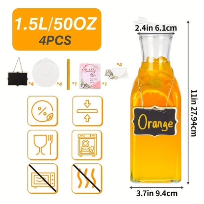 Four-Piece 1.5-Liter Glass Carafe Set with Lids for Iced Tea, Cold Brew, Milk and Chilled Beverages