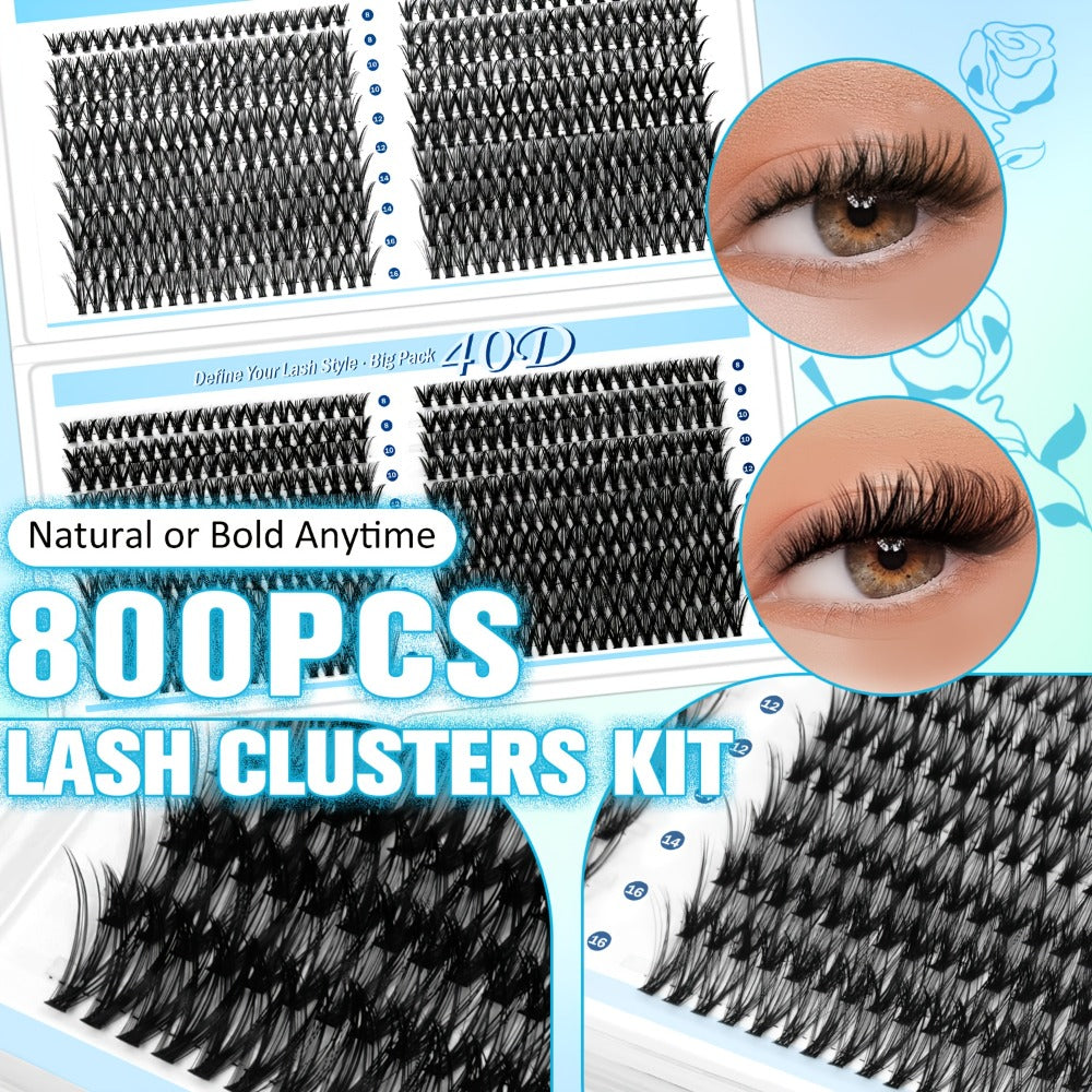 800-Piece 30D and 40D Lash Cluster Kit with Mixed 8–16mm Lengths, Bond-Seal Tube and Tweezers