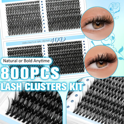 800-Piece 30D and 40D Lash Cluster Kit with Mixed 8–16mm Lengths, Bond-Seal Tube and Tweezers