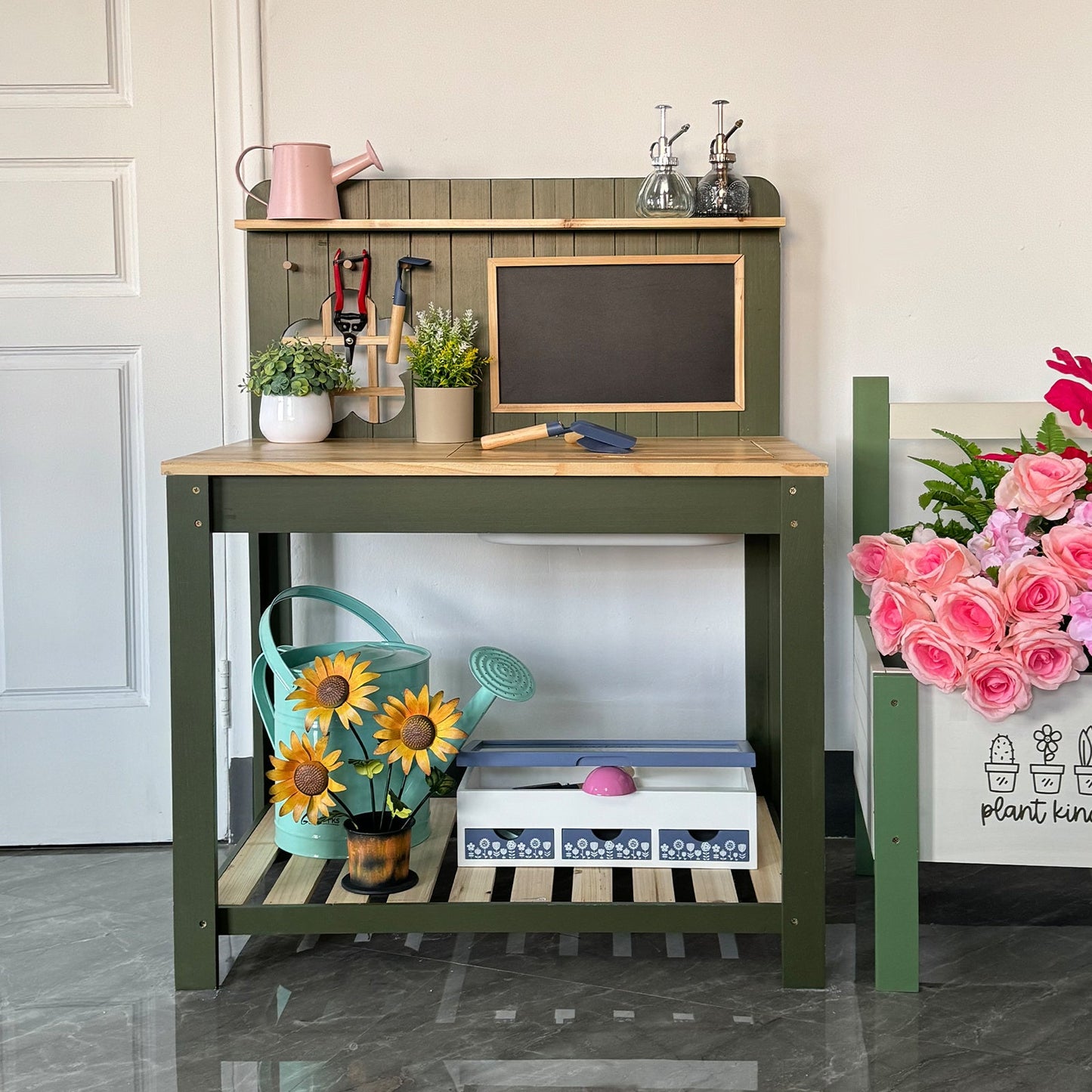 Potting Bench Table Cedar Wood Garden Workstation with Blackboard Removable Sink Hooks Double Shelf for Patio Balcony Courtyard Outdoor Planting Work Bench