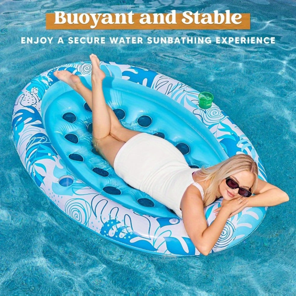 70 x 50-Inch Inflatable Pool Float Lounger with Oval Blue Body, Removable Backrest and Two Cup Holders