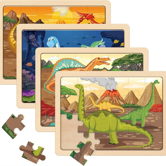 Dinosaur Puzzle Set for Kids Ages 3-8 Wooden 4-in-1 Jigsaw with 24 Pieces Each – Colorful Preschool Educational Toy for Boys & Girls, Fun Birthday Christmas Easter Gift for Toddlers & Children