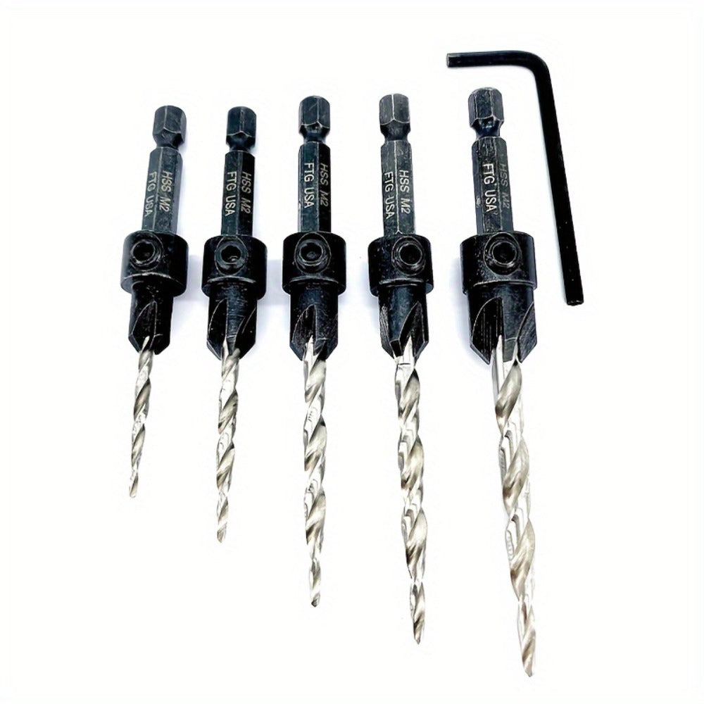 5pcs Countersink Drill Bit Set #4 #6 #8 #10 #12 Tapered with 1/4" Hex Shank Quick-Change – Adjustable Wood Counter Sinker Bits with Allen Wrench for Woodworking