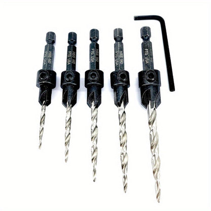 5pcs Countersink Drill Bit Set #4 #6 #8 #10 #12 Tapered with 1/4" Hex Shank Quick-Change – Adjustable Wood Counter Sinker Bits with Allen Wrench for Woodworking