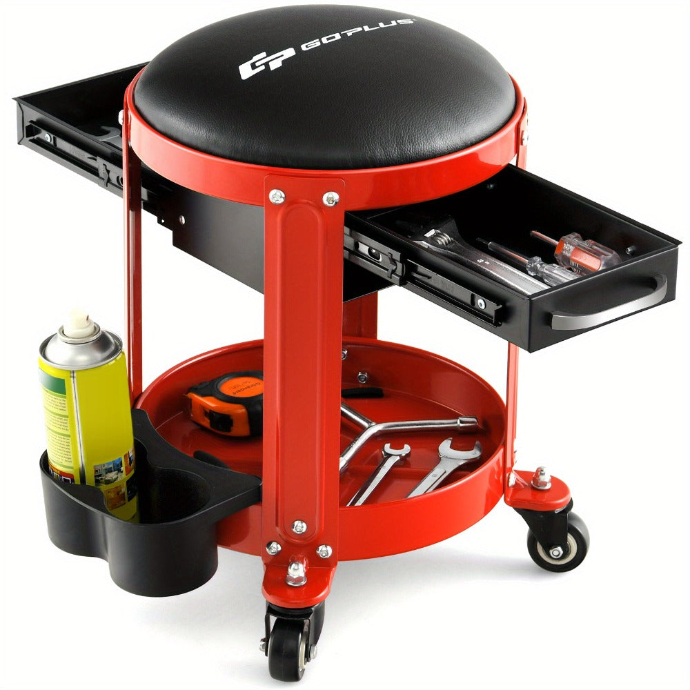 Rolling Workshop Stool with Drawers – 330 lb Mechanic Seat with 2 Storage Drawers, Cup Holders, Tool Tray, Removable Cushion & 4 Swivel Casters for Garage Auto Repair (Black/Red)