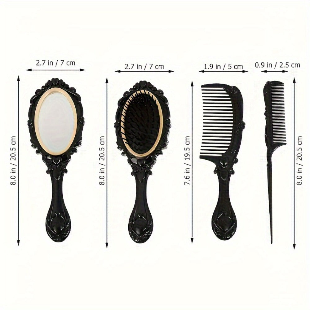 Retro Hair Comb Set with Mirror Scalp Massage Hairbrush Pocket Mirror Vintage Vanity Brush Set for Women Girls Travel Daily Grooming Makeup Gift Black