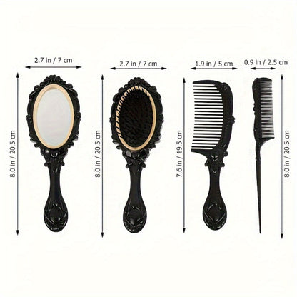 Retro Hair Comb Set with Mirror Scalp Massage Hairbrush Pocket Mirror Vintage Vanity Brush Set for Women Girls Travel Daily Grooming Makeup Gift Black