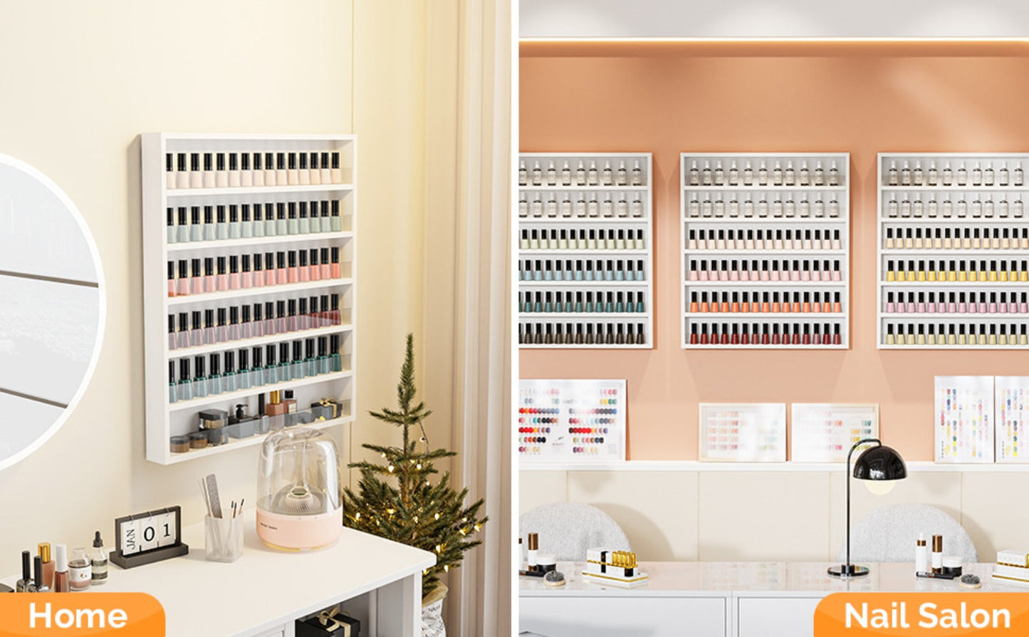 Wall Mount Nail Polish Rack 6 Tier Holds 120 Bottles with Acrylic Baffles — Large Nail Varnish Display Shelf Organizer for Salon Home White Black